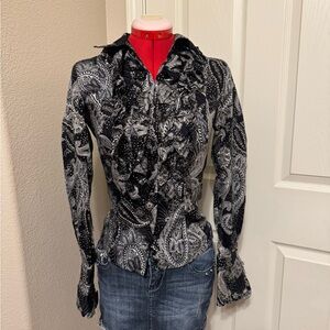 Y2K Black and Gray Paisley Ruffle Blouse